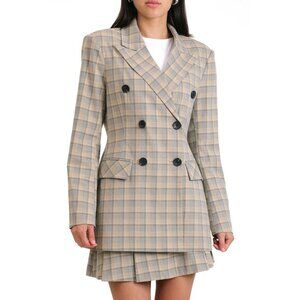 New Avec Les Filles Plaid Tailored Blazer Gray Beige XS $139